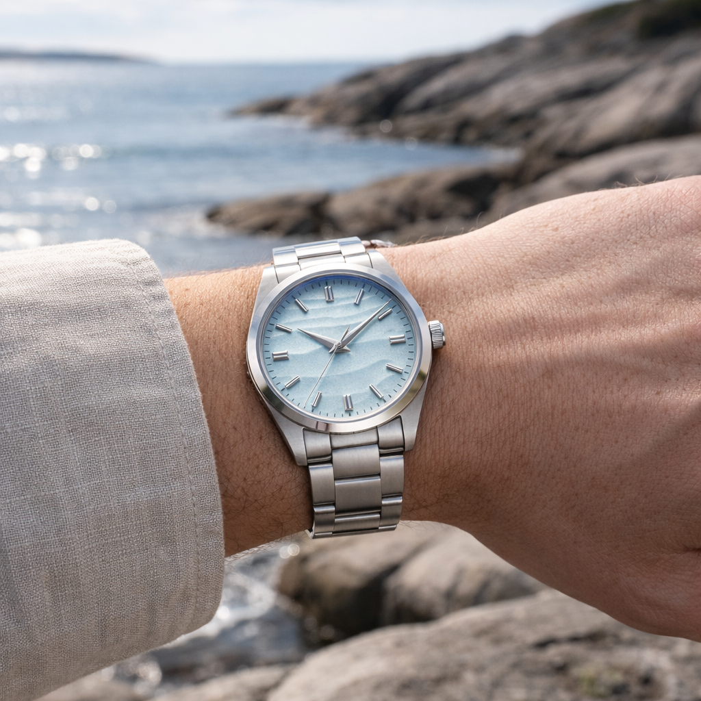 Blue dial Woolpack heritage quartz watch with stainless steel bracelet and vintage-inspired dial