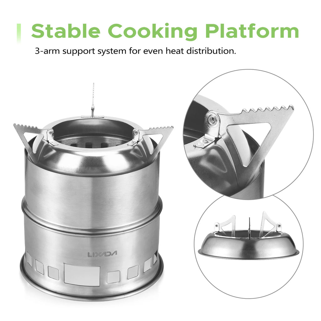 Woolpack 3-in-1 Folding Stainless Steel Camping Stove – Wood, Gas & Solid Fuel Compatible