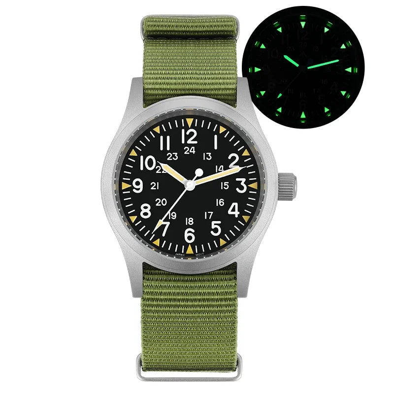Woolpack Military Field Watch – 38mm, Domed Sapphire, C3 Lume, 10BAR - Woolpack Hiking Gear