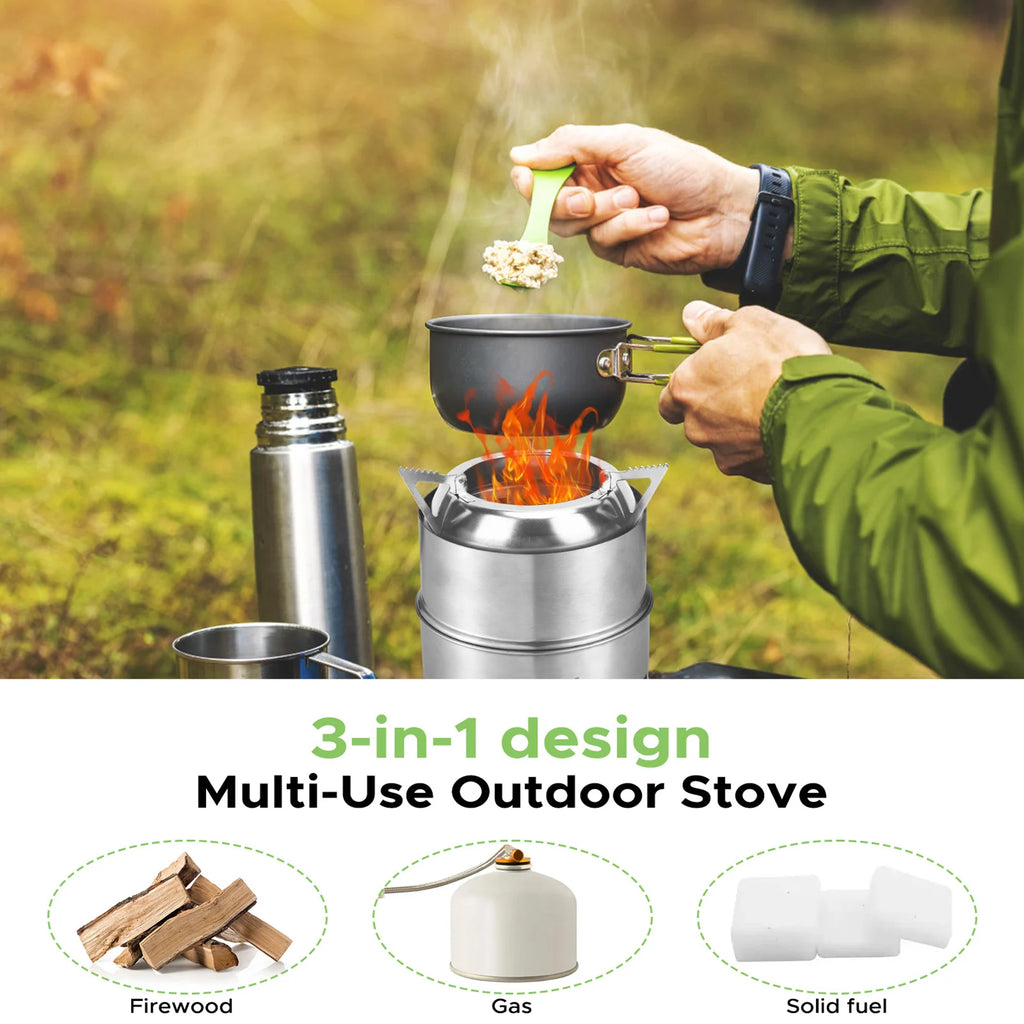 Woolpack 3-in-1 Folding Stainless Steel Camping Stove – Wood, Gas & Solid Fuel Compatible