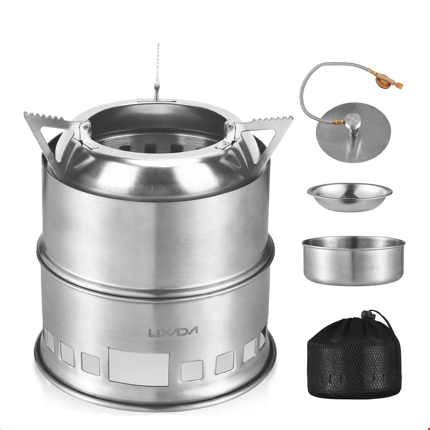 Woolpack 3-in-1 Folding Stainless Steel Camping Stove – Wood, Gas & Solid Fuel Compatible