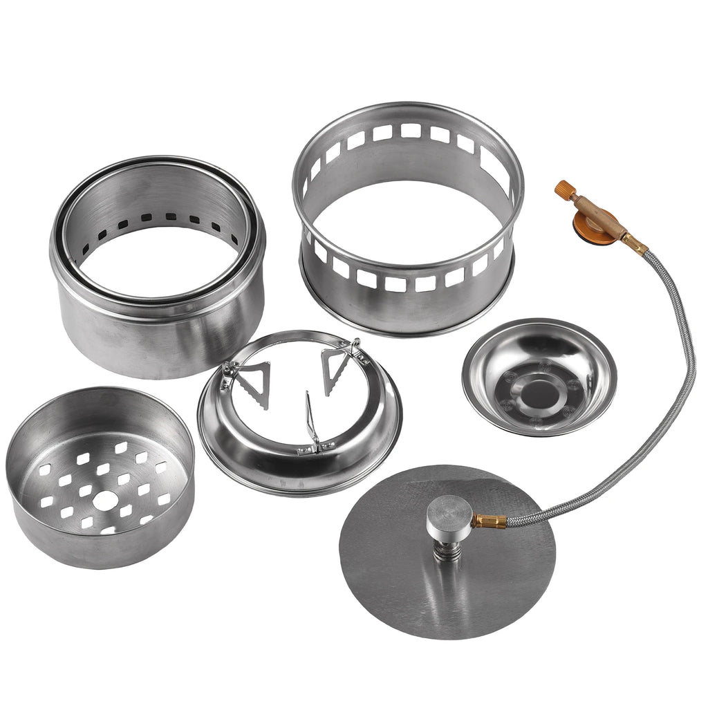 Woolpack 3-in-1 Folding Stainless Steel Camping Stove – Wood, Gas & Solid Fuel Compatible