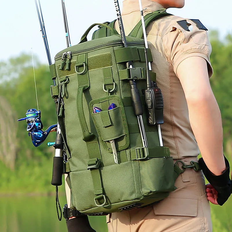 Woolpack Tactical Fishing Backpack – Waterproof Molle Gear Bag with Rod Holders