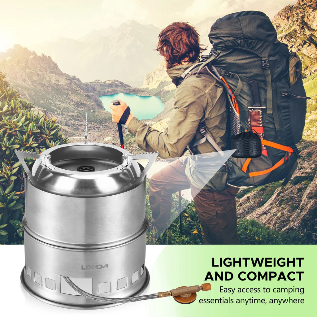 Woolpack 3-in-1 Folding Stainless Steel Camping Stove – Wood, Gas & Solid Fuel Compatible
