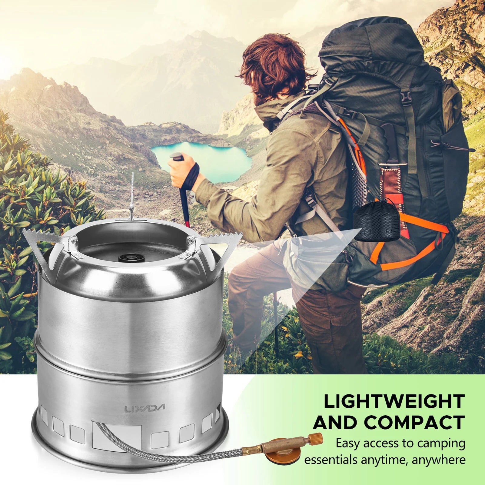 Woolpack 3-in-1 Folding Stainless Steel Camping Stove – Wood, Gas & Solid Fuel Compatible