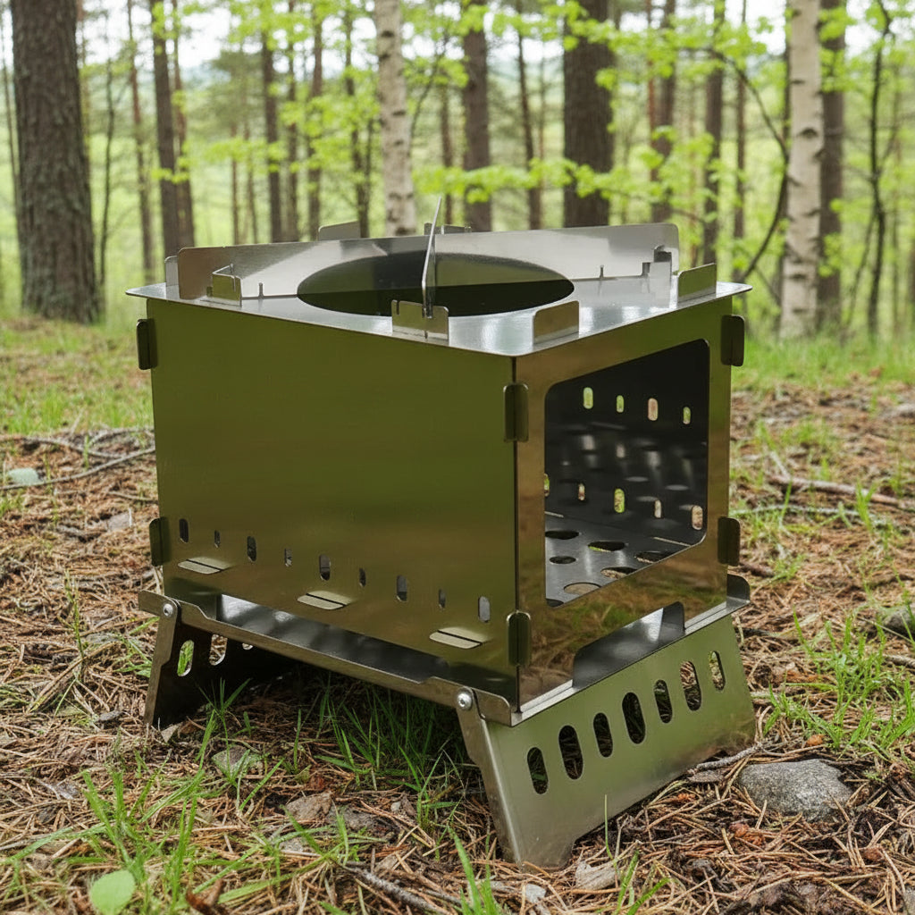 Woolpack foldable camping fire pit stove with stainless steel wood burning design