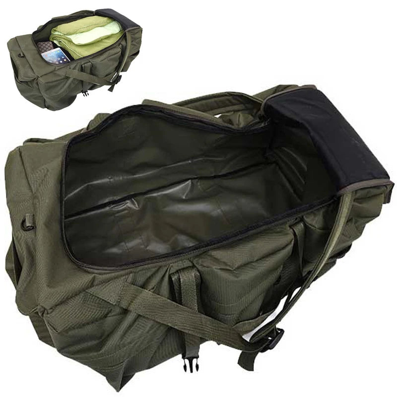 Woolpack 100L tactical duffel backpack with large outdoor storage capacity