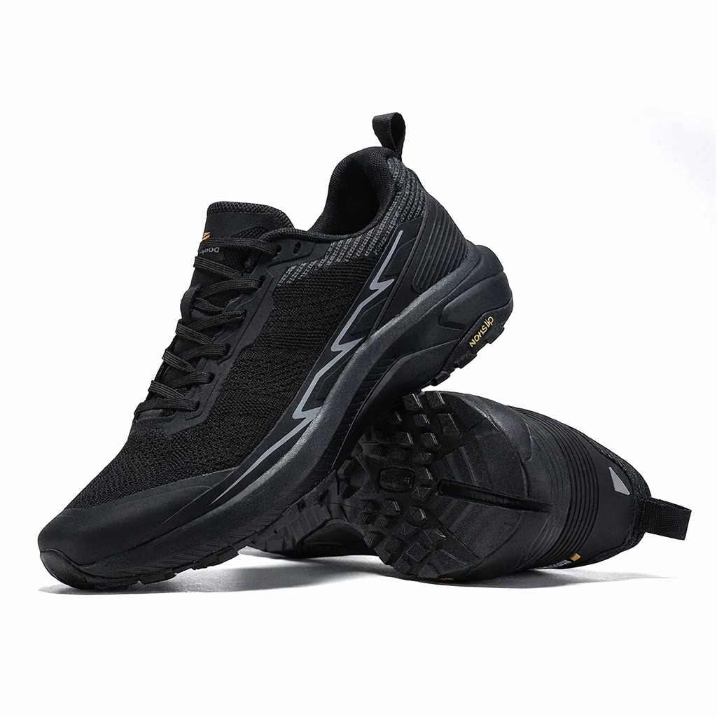 Black Woolpack lightweight hiking sneakers for men with breathable mesh upper and non-slip sole