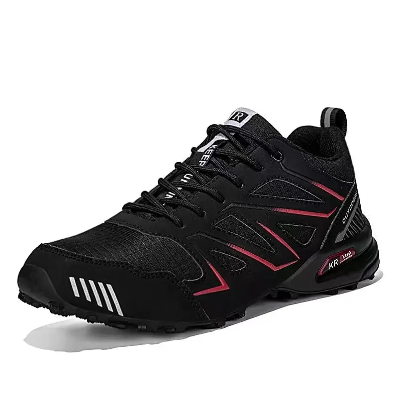 black with some red Woolpack waterproof hiking shoes for men with leather upper and rubber grip sole
