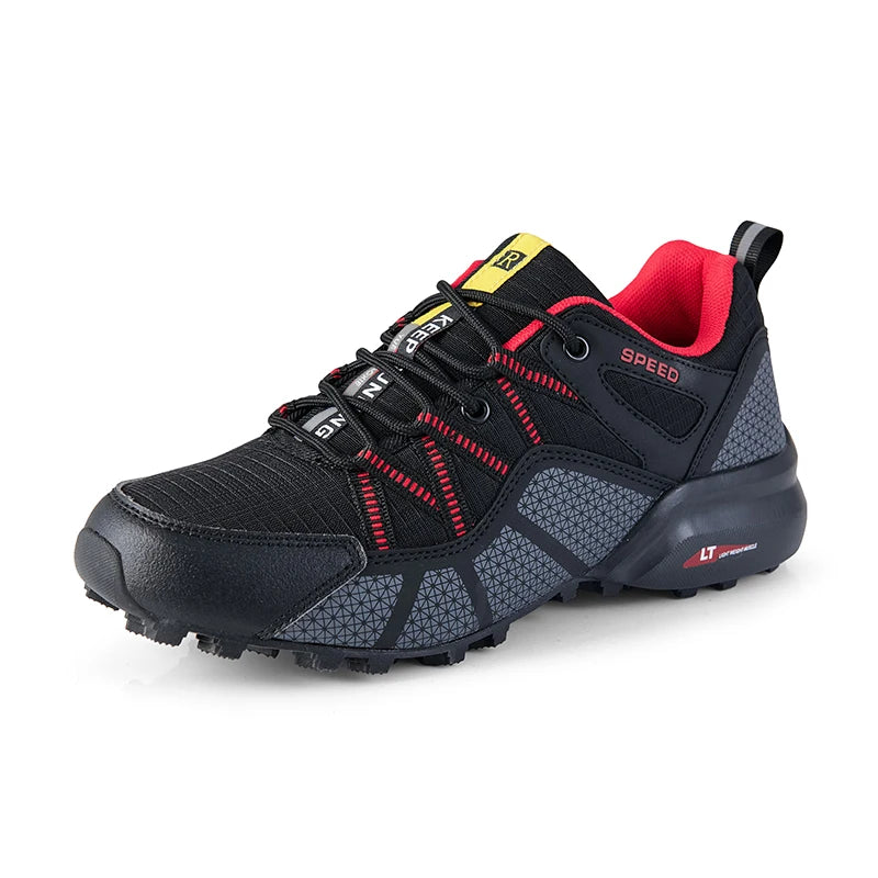 black, gray with red Woolpack waterproof hiking shoes for men with leather upper and rubber grip sole