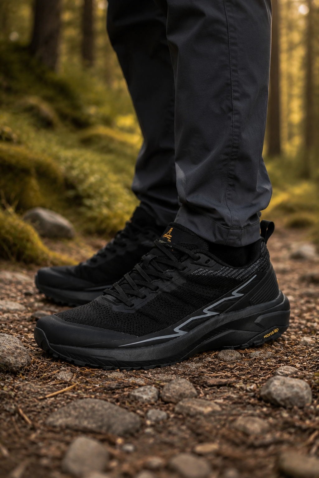 Black Woolpack lightweight hiking sneakers for men with breathable mesh upper and non-slip sole